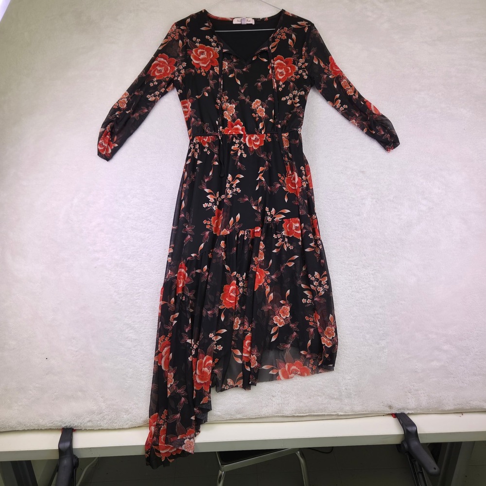 Harlow & Rose Womens Small Black Red Floral Mesh Asymmetrical Midi Dress Tie